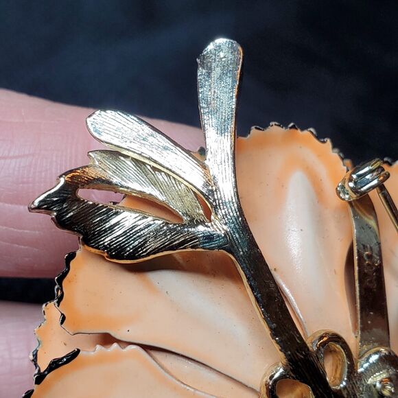 VTG Signed CORO Trembler Brooch AB Rhinestones Gold Tone Enamel Peach Poppy 3" - Picture 15 of 16